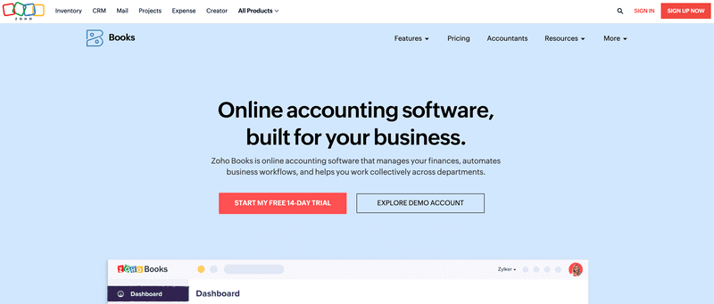 page d'accueil de zoho