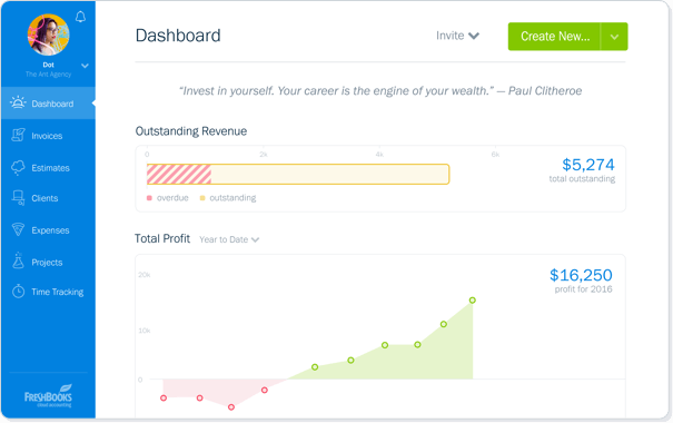 tableau de bord des fonctionnalités de freshbooks
