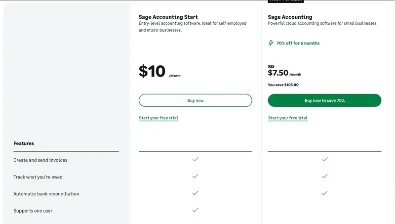 page de tarification sage