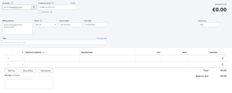 menu facturation quickbooks