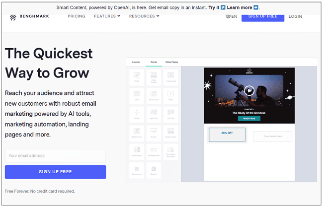 Page d'accueil du service d'email marketing de Benchmark