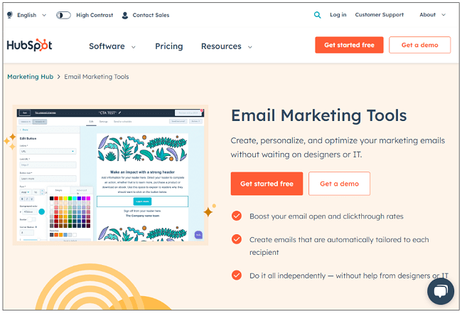 Page d'accueil du service d'email marketing HubSpot