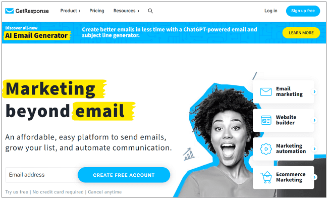 Page d'accueil du service de marketing par e-mail GetResponse