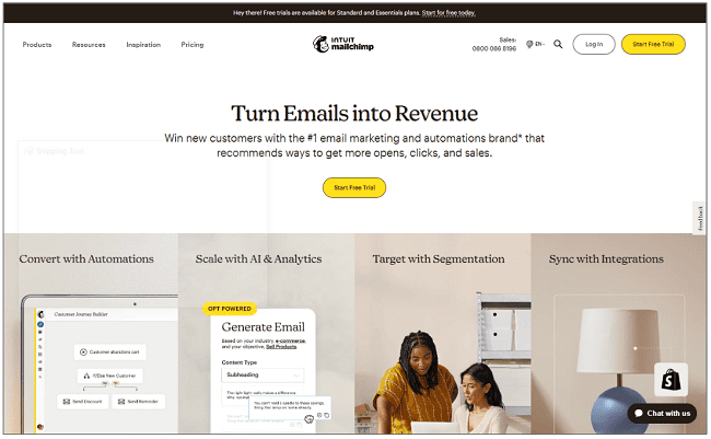 Page d'accueil du service d'email marketing Mailchimp