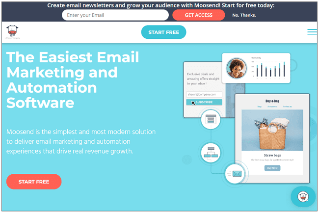 Page d'accueil du service d'email marketing de Moosend