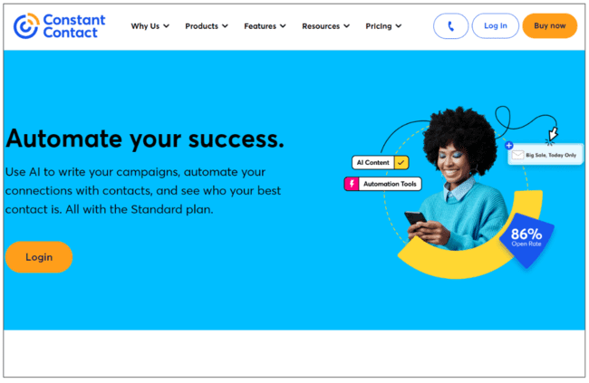 Page d'accueil du service d'email marketing Constant Contact