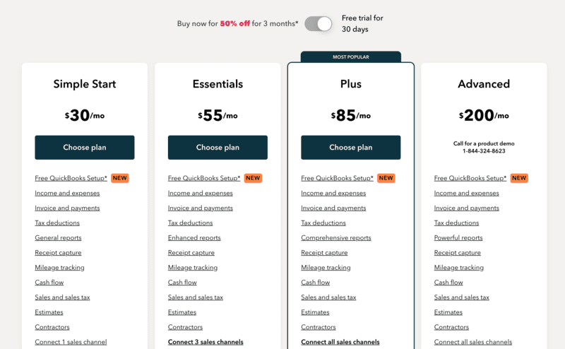 page de tarification quickbooks