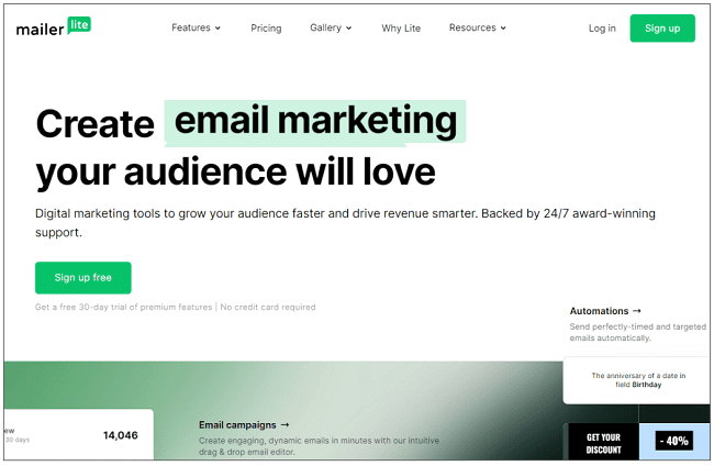 Page d'accueil du service d'email marketing MailerLite