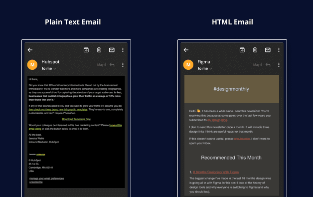 e-mail en texte brut et HTML en mode sombre