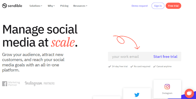 Page d'inscription au service de planification sociale Sendible